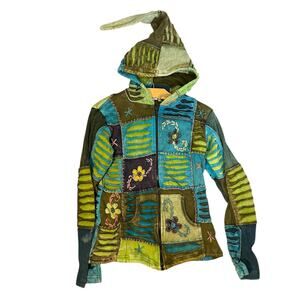 EzHippie Patchwork Hoodie Full Zip Pointed Hood Floral Embroidered Blue Green L